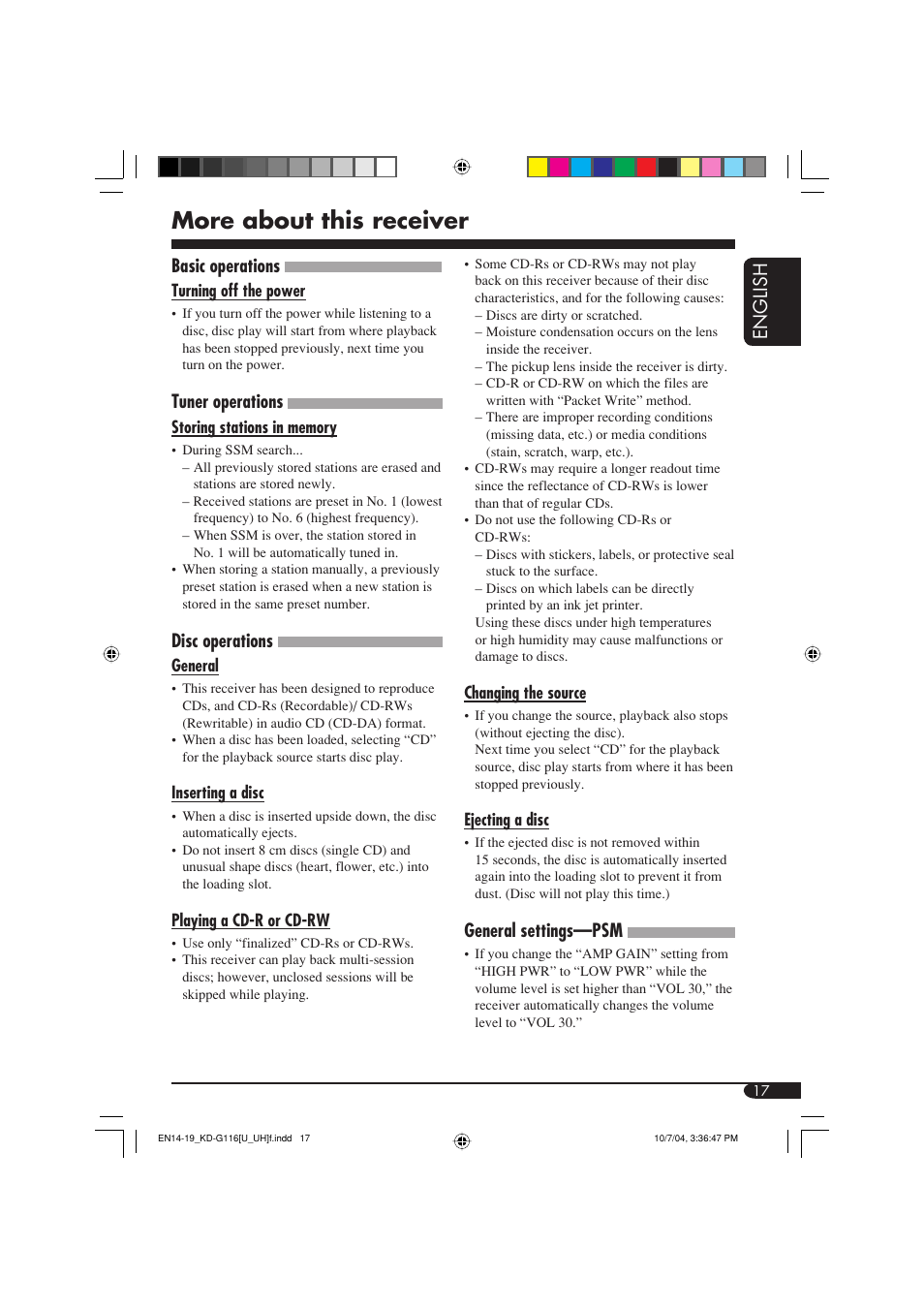 More about this receiver, English, Basic operations | Tuner operations, Disc operations, General settings—psm | JVC KD-G116 User Manual | Page 17 / 66