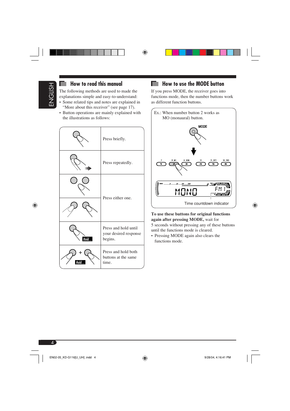 English how to read this manual, How to use the mode button | JVC KD-G116 User Manual | Page 26 / 66