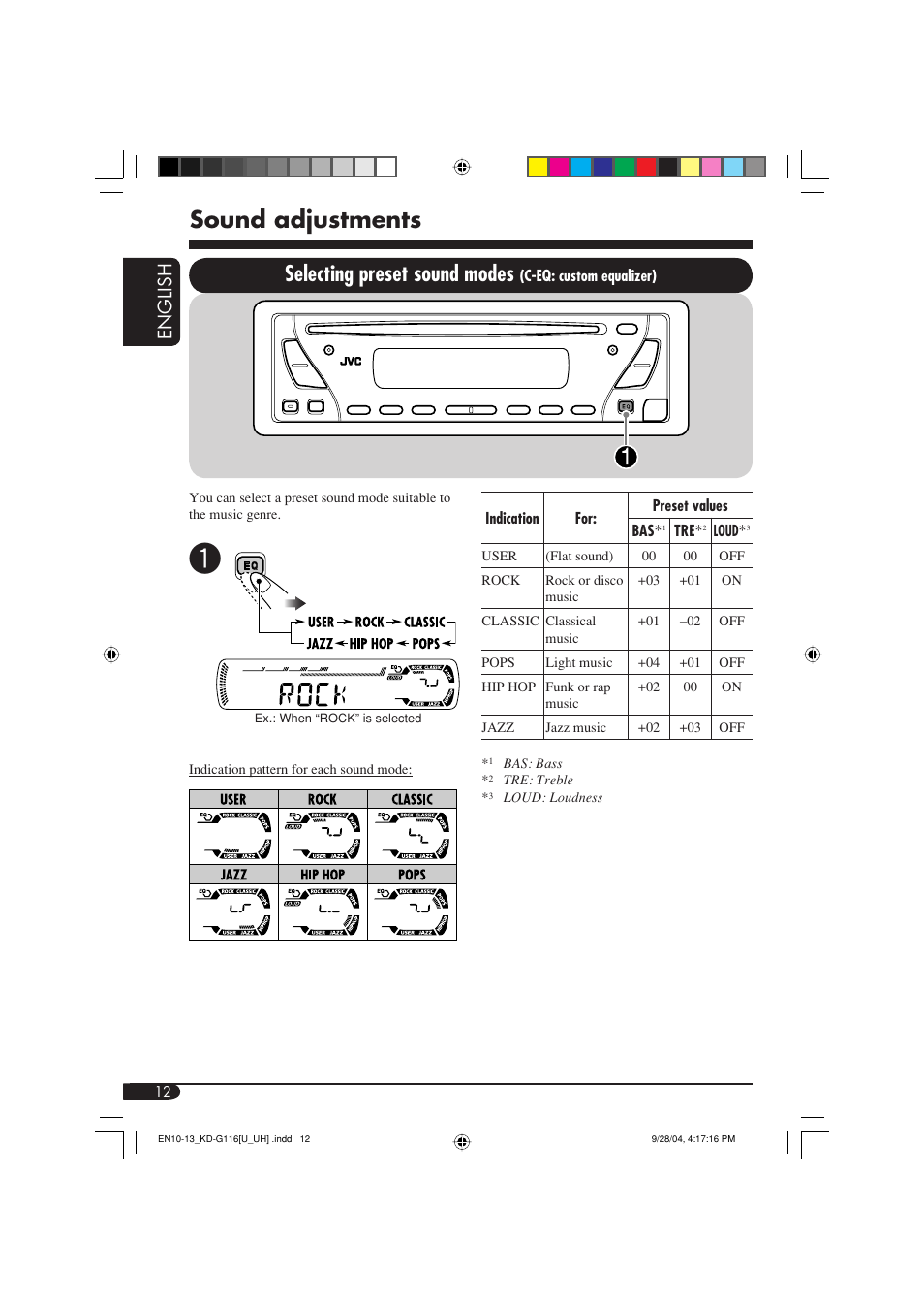 Sound adjustments, Selecting preset sound modes, English | JVC KD-G116 User Manual | Page 34 / 66