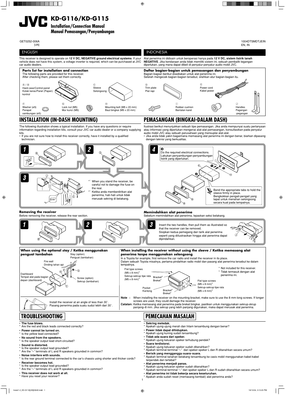 Installation/connection manual, Installation, Troubleshooting | Installation (in-dash mounting), Pemasangan (bingkai-dalam dash), Pemecahan masalah, English, Indonesia | JVC KD-G116 User Manual | Page 43 / 66