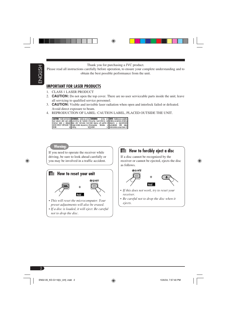Important for laser products, English, How to reset your unit | How to forcibly eject a disc | JVC KD-G116 User Manual | Page 46 / 66