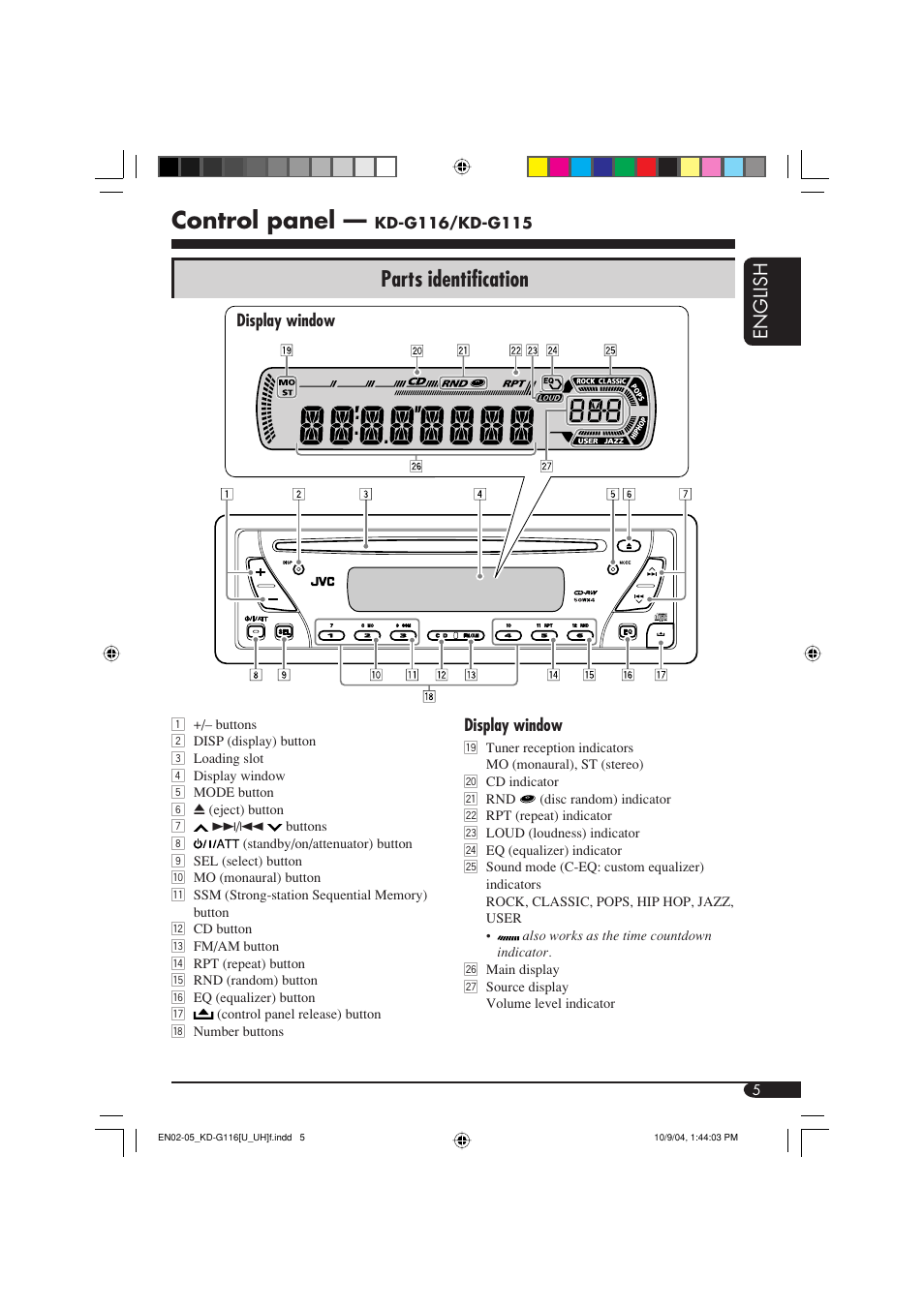 Control panel, Parts identification, English | JVC KD-G116 User Manual | Page 49 / 66