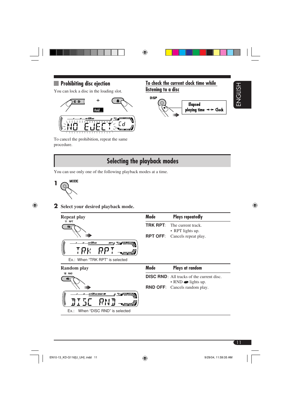 Selecting the playback modes, English, Prohibiting disc ejection | JVC KD-G116 User Manual | Page 55 / 66