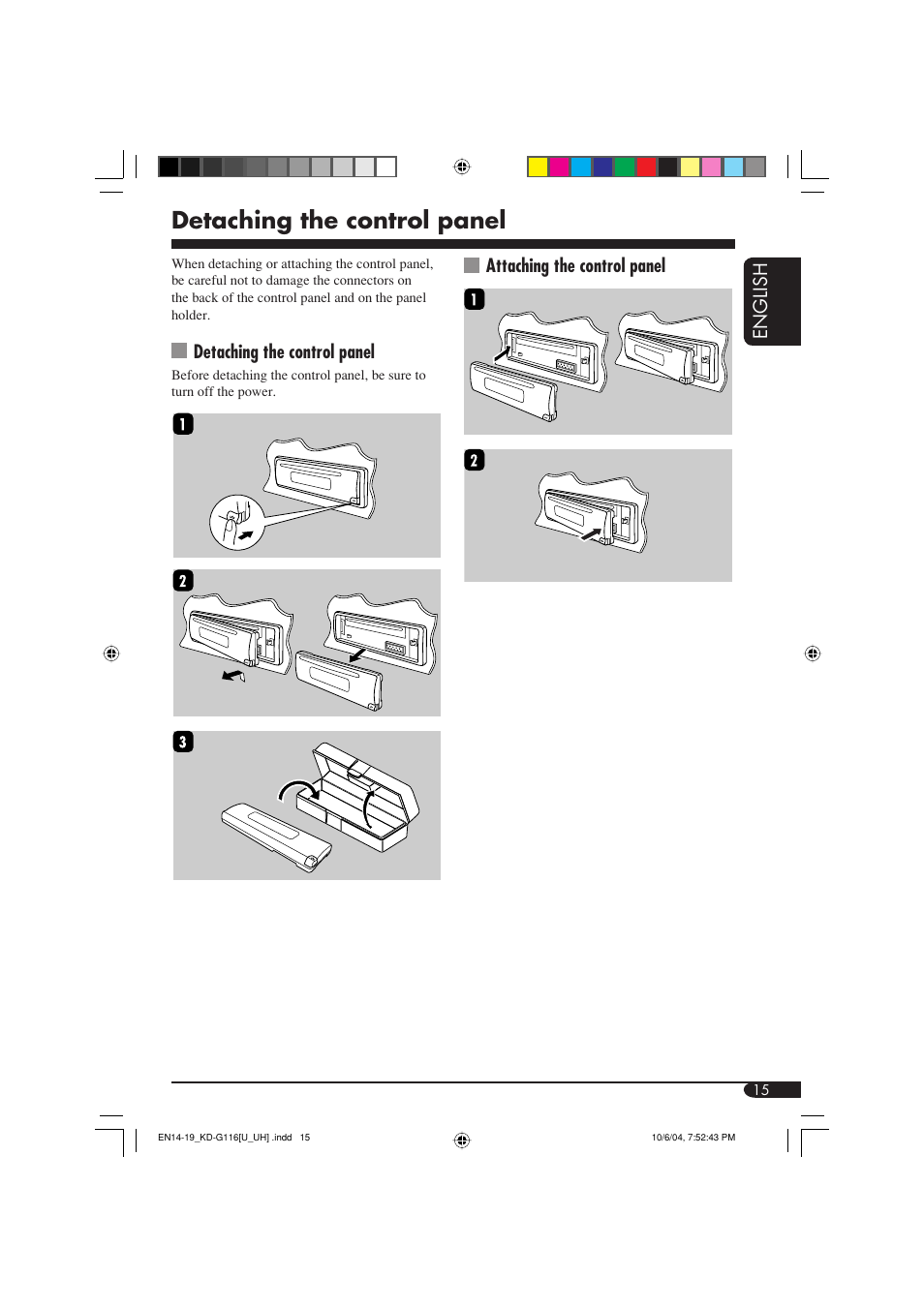 Detaching the control panel, English, Attaching the control panel | JVC KD-G116 User Manual | Page 59 / 66