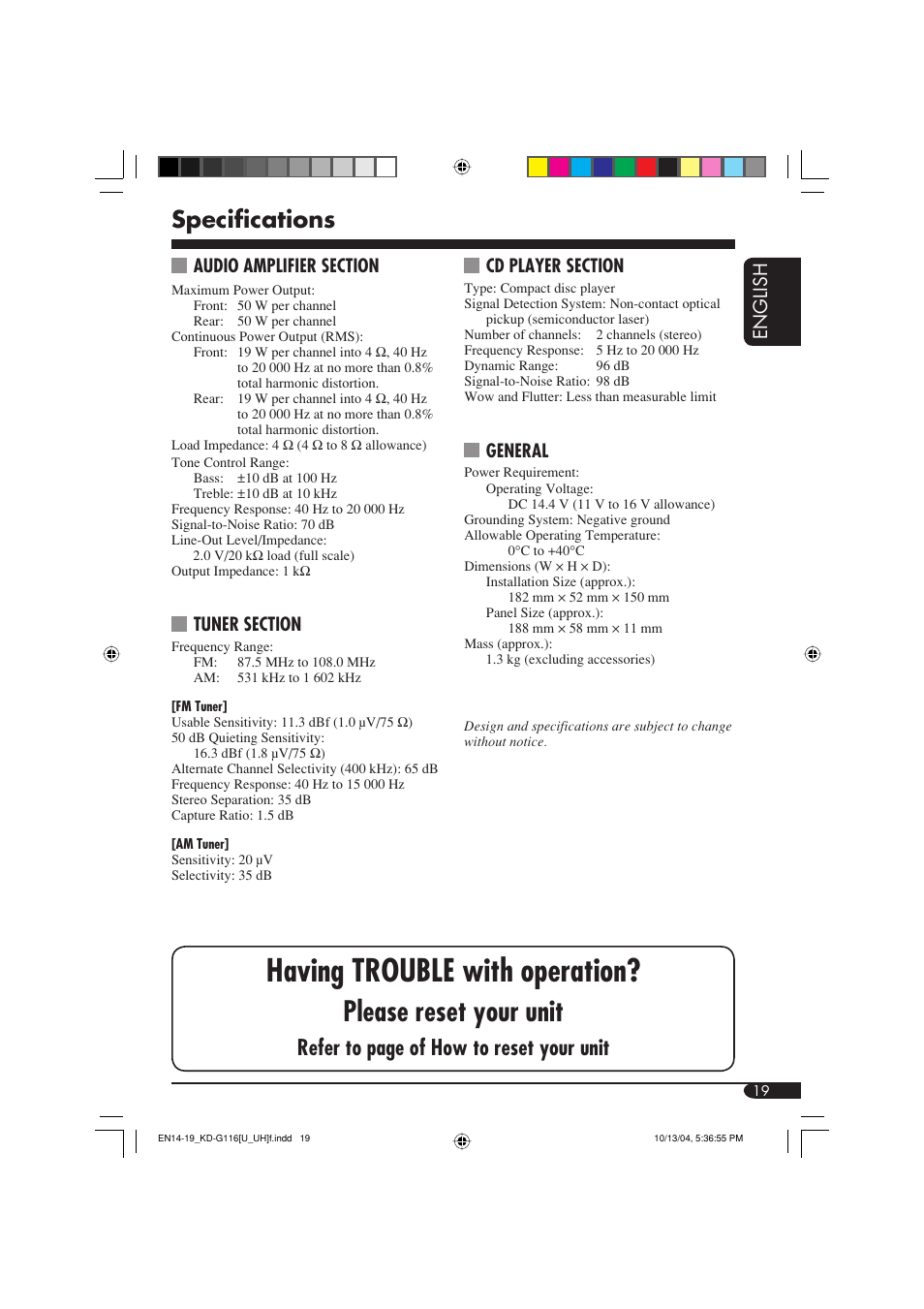 Specifications, Having trouble with operation, Please reset your unit | Refer to page of how to reset your unit, English, General | JVC KD-G116 User Manual | Page 63 / 66