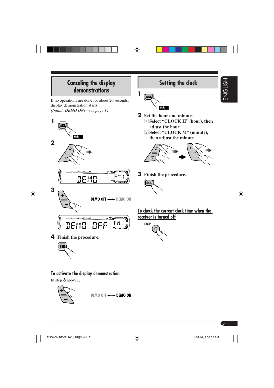 Canceling the display demonstrations, Setting the clock | JVC KD-G116 User Manual | Page 7 / 66