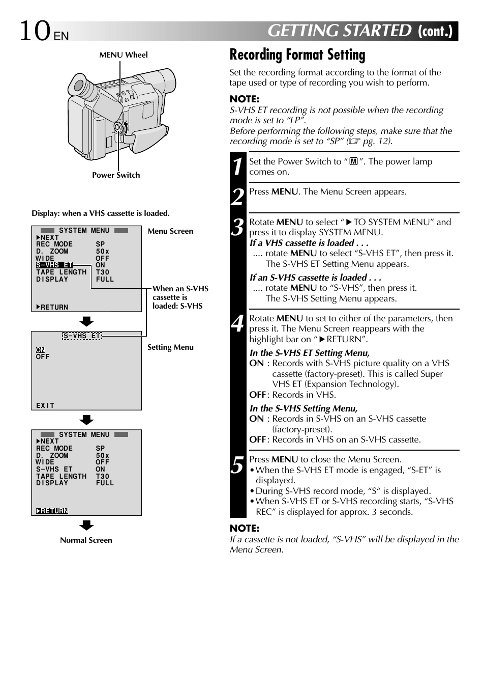 Getting started, Recording format setting, Cont.) | JVC 1000MKV*UN*VP User Manual | Page 10 / 55