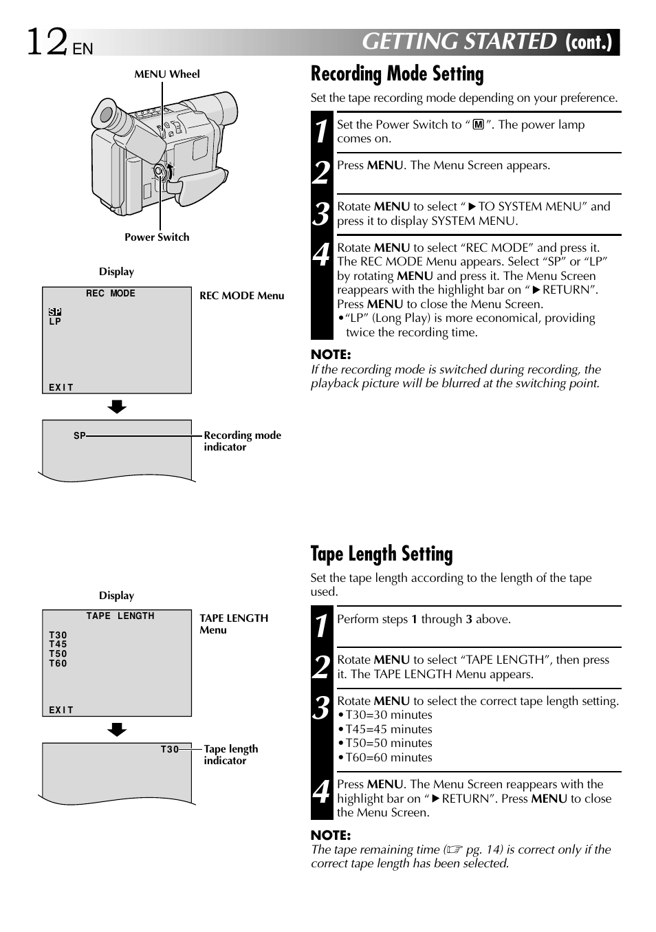 Getting started, Cont.), Tape length setting | Recording mode setting | JVC 1000MKV*UN*VP User Manual | Page 12 / 55