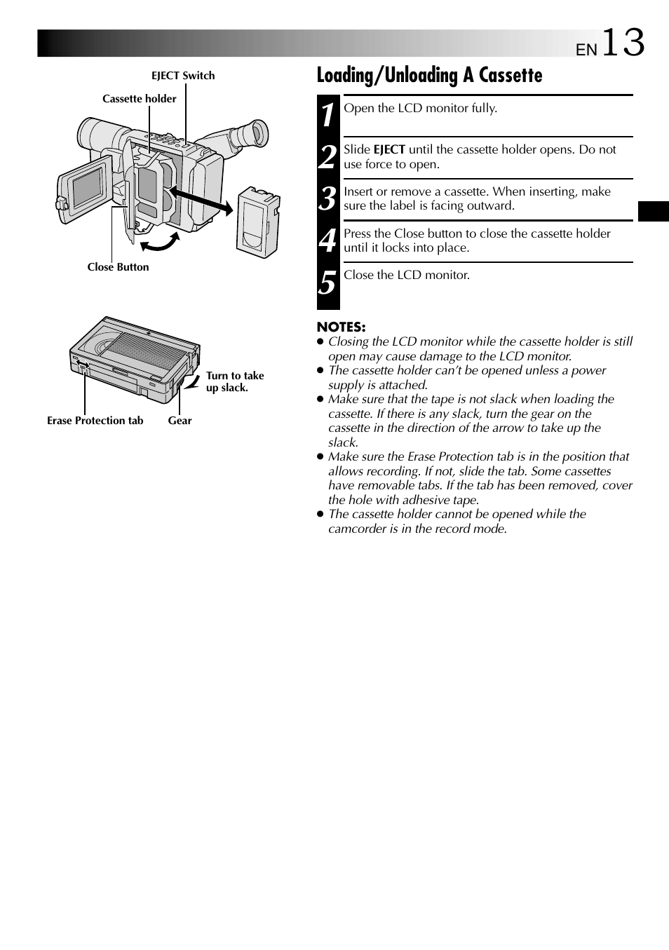 Loading/unloading a cassette | JVC 1000MKV*UN*VP User Manual | Page 13 / 55