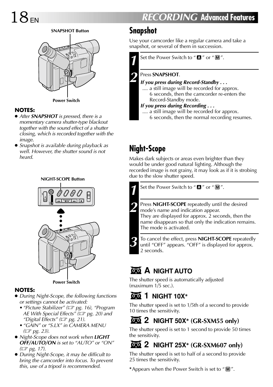 Recording, Advanced features snapshot, Night-scope | JVC 1000MKV*UN*VP User Manual | Page 18 / 55