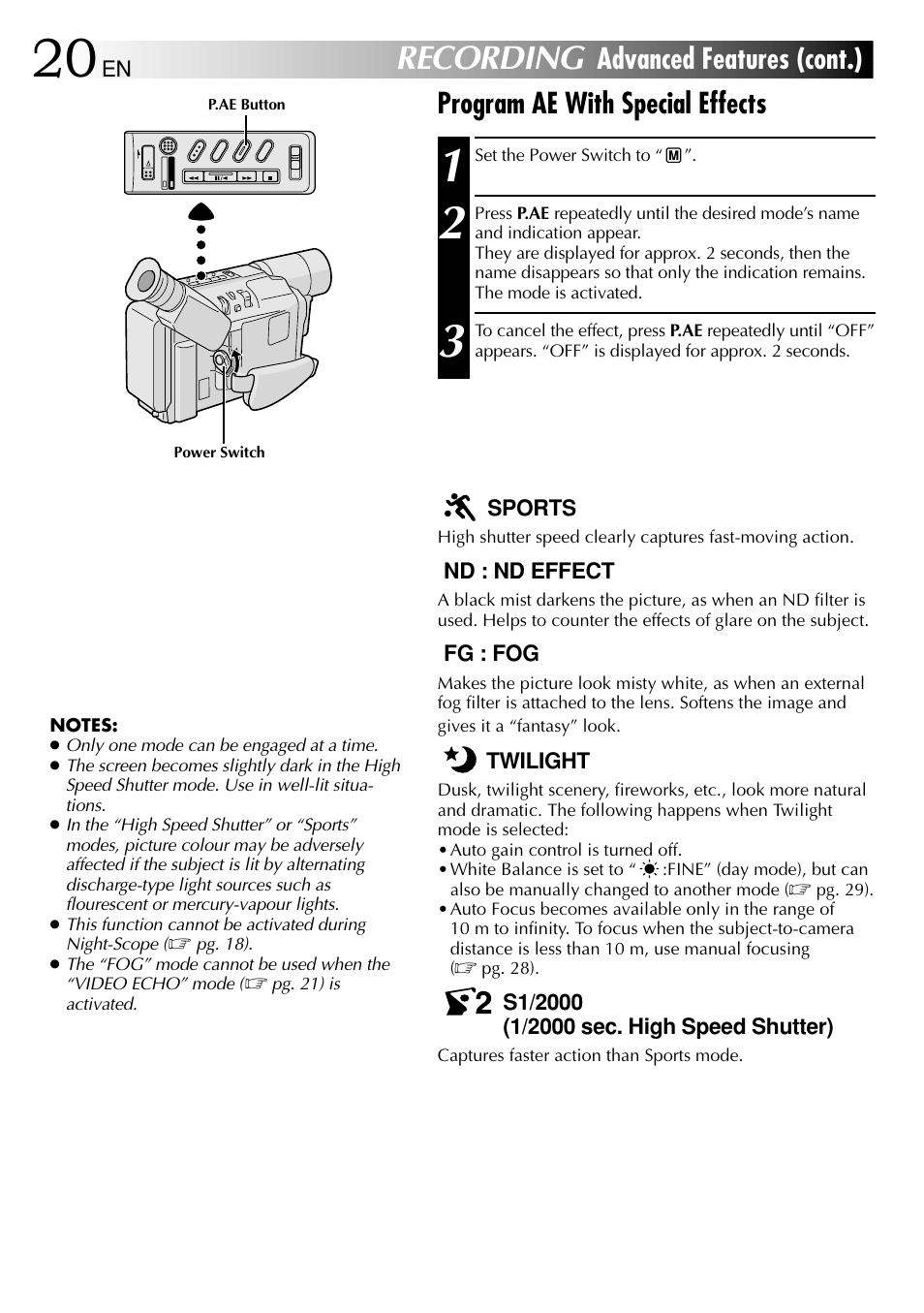 Recording, Program ae with special effects, Advanced features (cont.) | JVC 1000MKV*UN*VP User Manual | Page 20 / 55