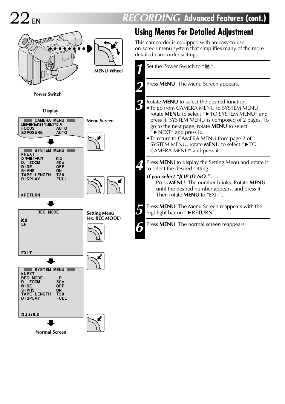 Recording, Using menus for detailed adjustment, Advanced features (cont.) | JVC 1000MKV*UN*VP User Manual | Page 22 / 55