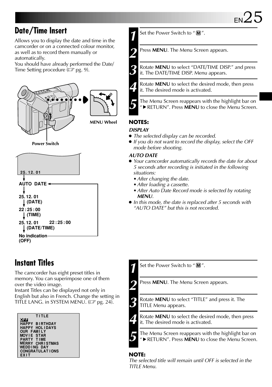 Instant titles, Date/time insert | JVC 1000MKV*UN*VP User Manual | Page 25 / 55