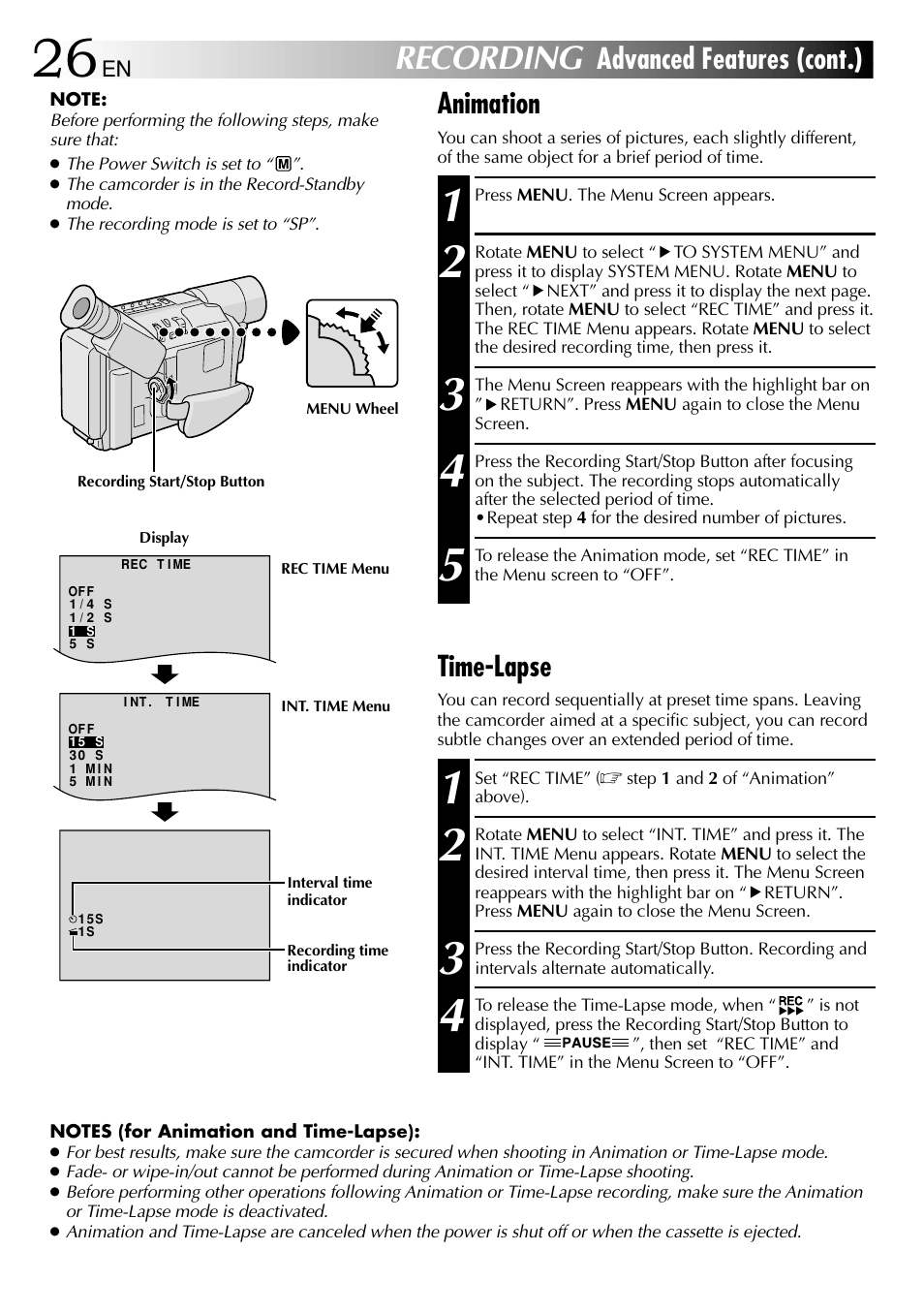 Recording, Advanced features (cont.), Animation | Time-lapse | JVC 1000MKV*UN*VP User Manual | Page 26 / 55