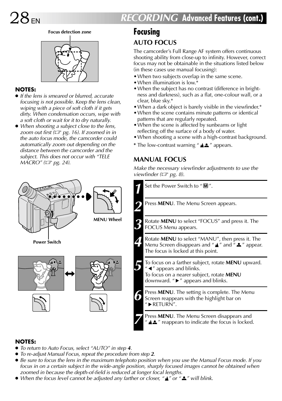 Recording, Focusing, Advanced features (cont.) | JVC 1000MKV*UN*VP User Manual | Page 28 / 55