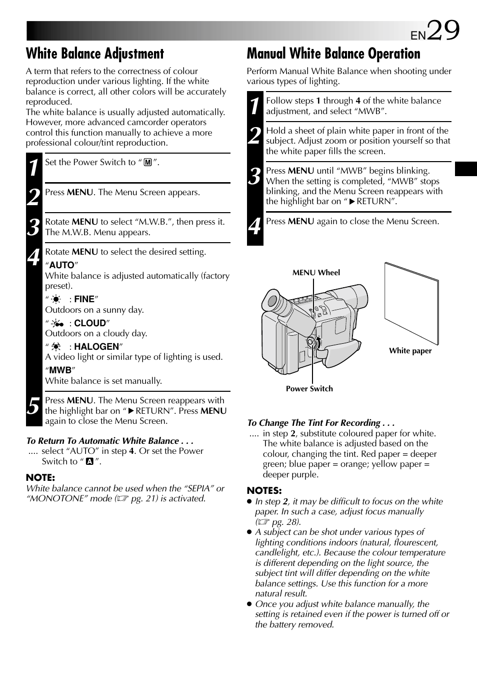 White balance adjustment, Manual white balance operation | JVC 1000MKV*UN*VP User Manual | Page 29 / 55