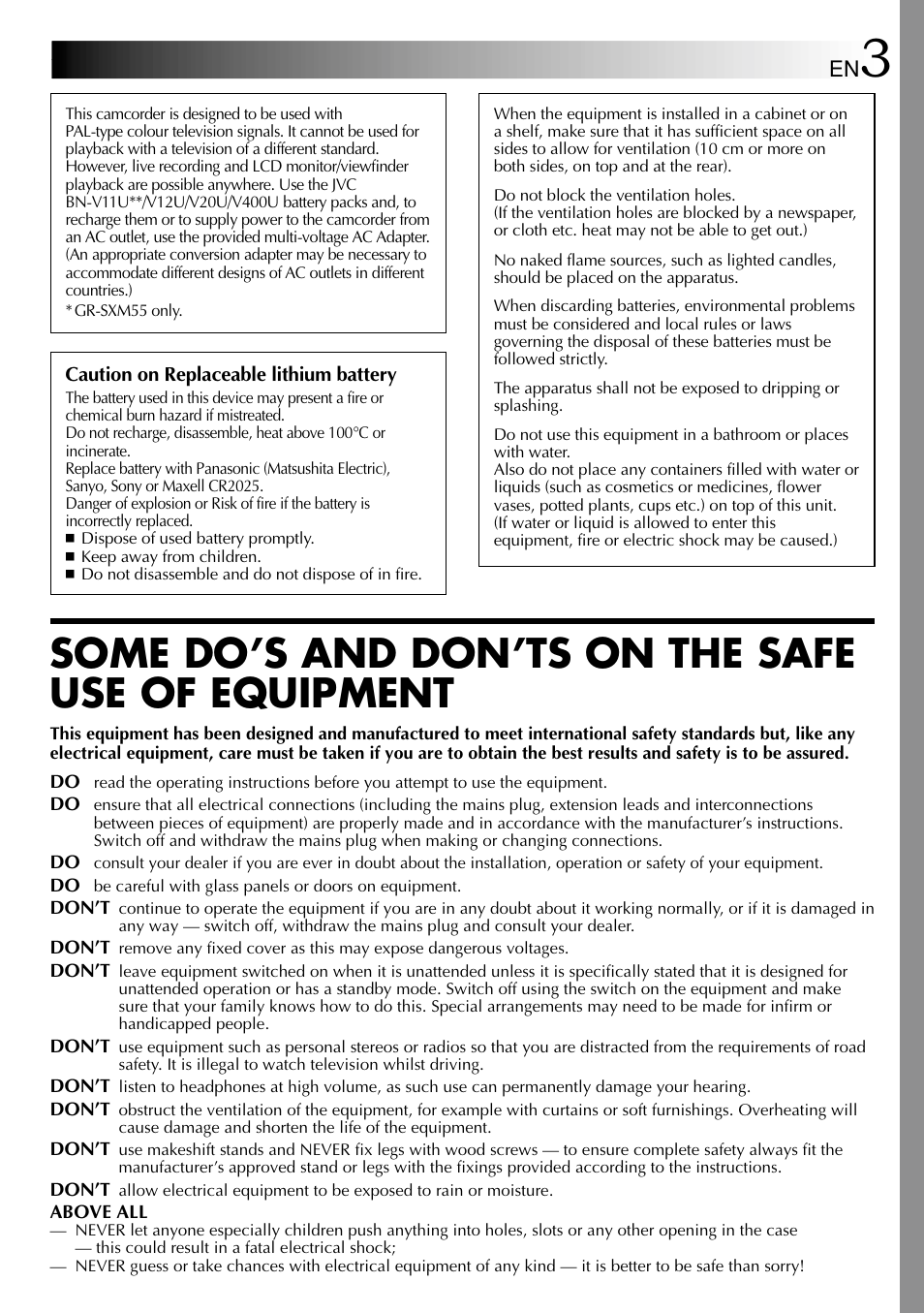 Some do’s and don’ts on the safe use of equipment | JVC 1000MKV*UN*VP User Manual | Page 3 / 55