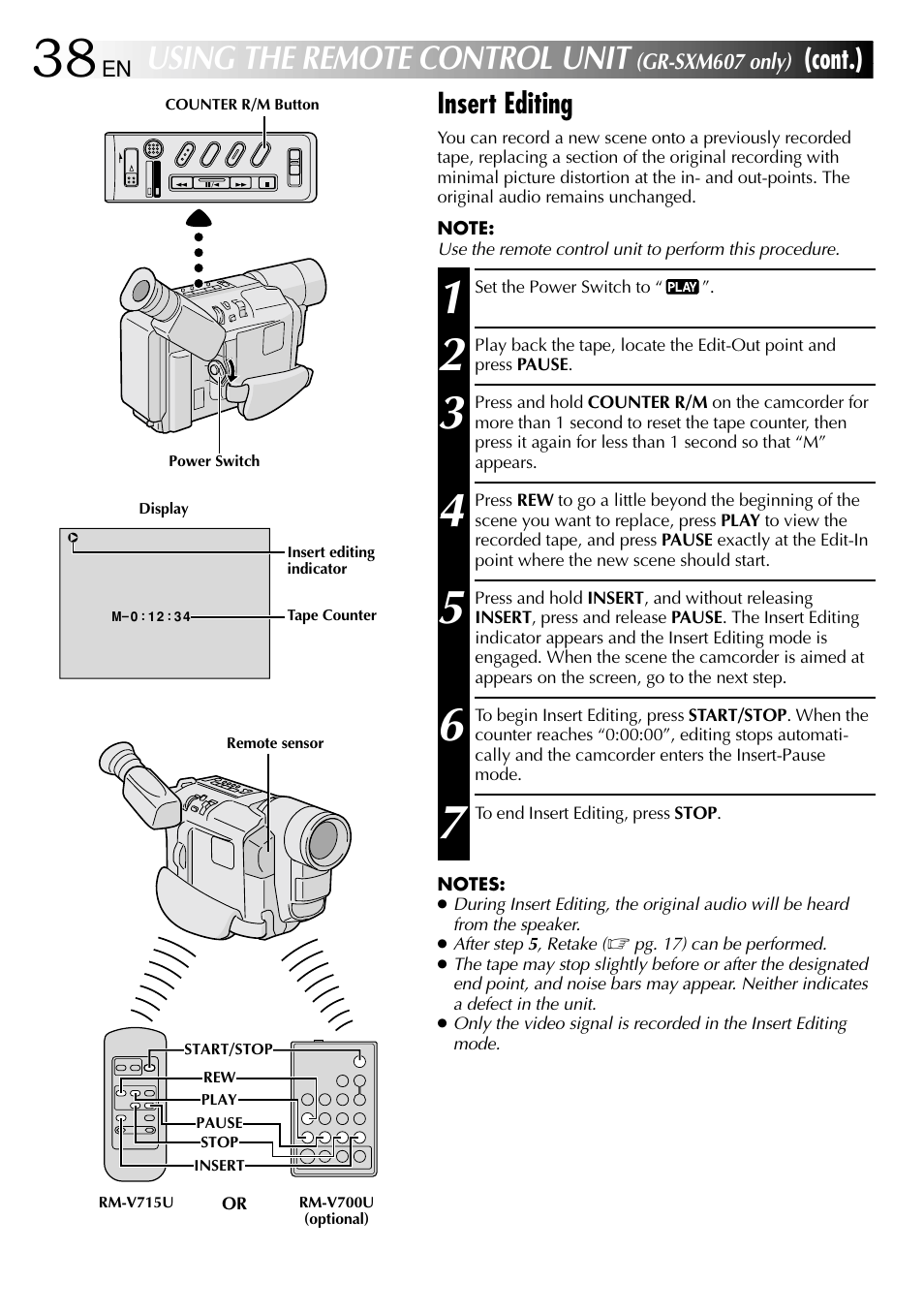 Using the remote control unit, Insert editing, Cont.) | JVC 1000MKV*UN*VP User Manual | Page 38 / 55