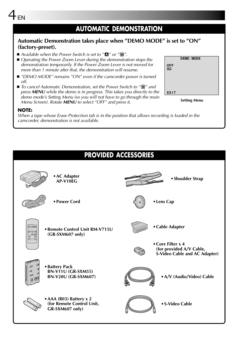 Automatic demonstration, Provided accessories | JVC 1000MKV*UN*VP User Manual | Page 4 / 55