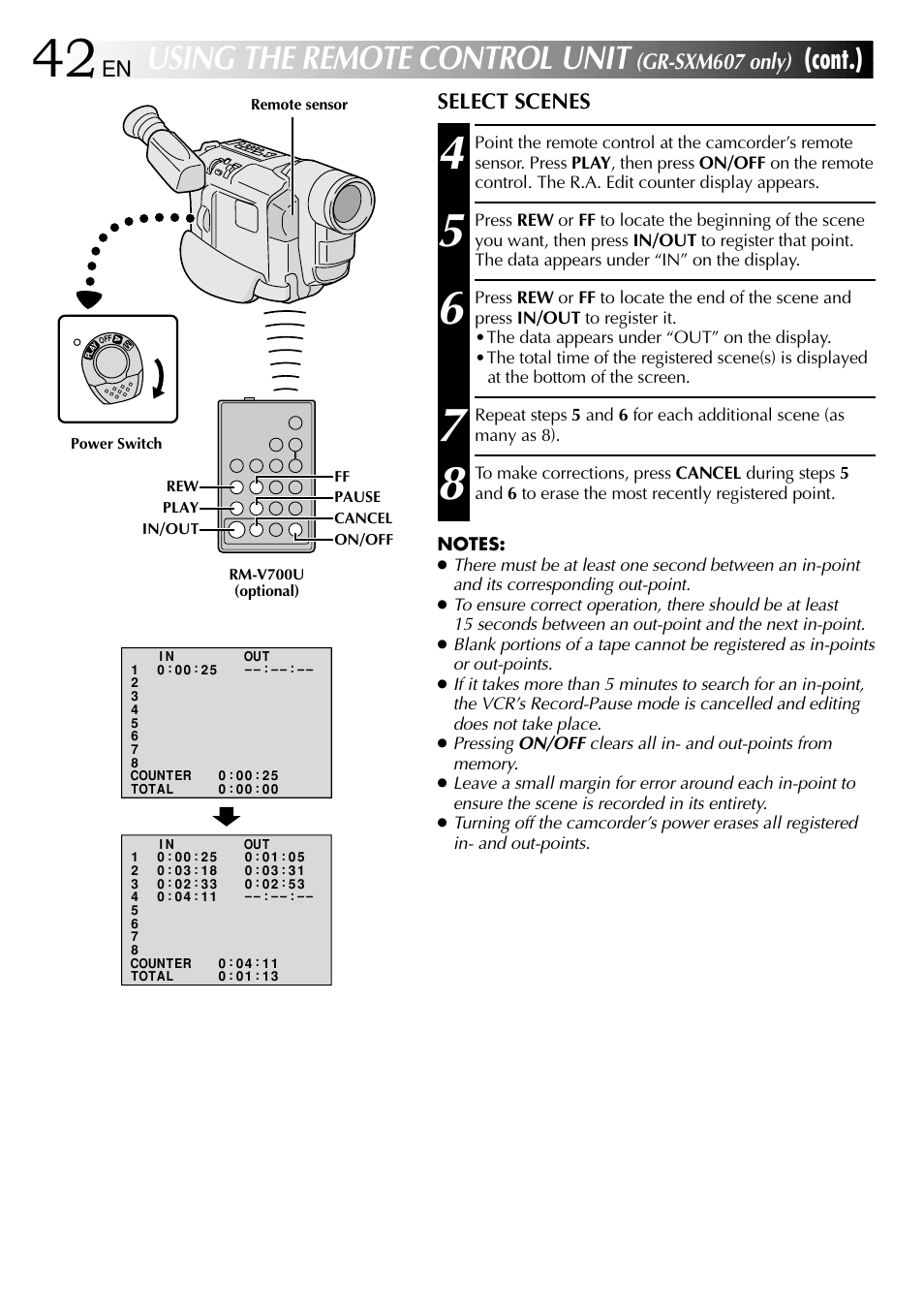 Using the remote control unit, Cont.), Gr-sxm607 only) | En select scenes | JVC 1000MKV*UN*VP User Manual | Page 42 / 55