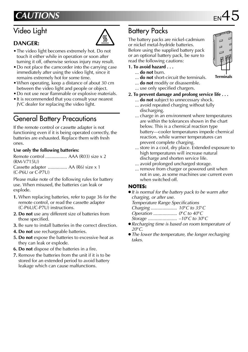 Cautions, Video light, General battery precautions | Battery packs | JVC 1000MKV*UN*VP User Manual | Page 45 / 55