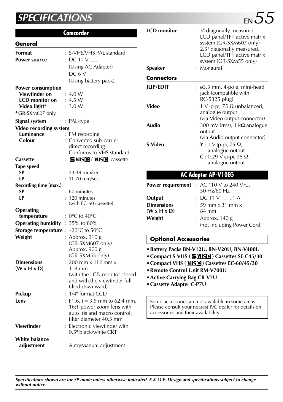 Specifications, Ac adapter ap-v10eg, Camcorder | JVC 1000MKV*UN*VP User Manual | Page 55 / 55