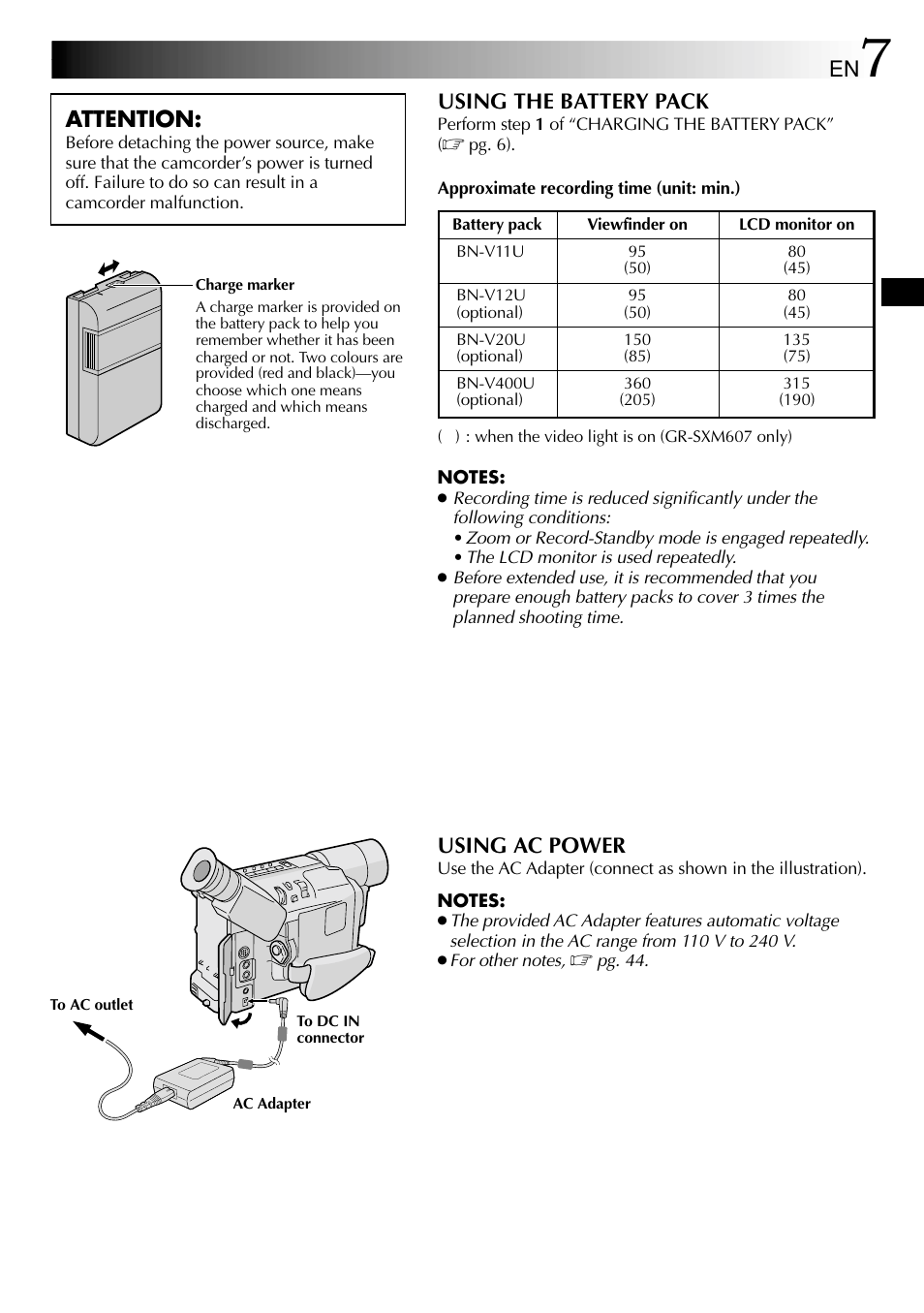 Using ac power, Attention, Using the battery pack | JVC 1000MKV*UN*VP User Manual | Page 7 / 55