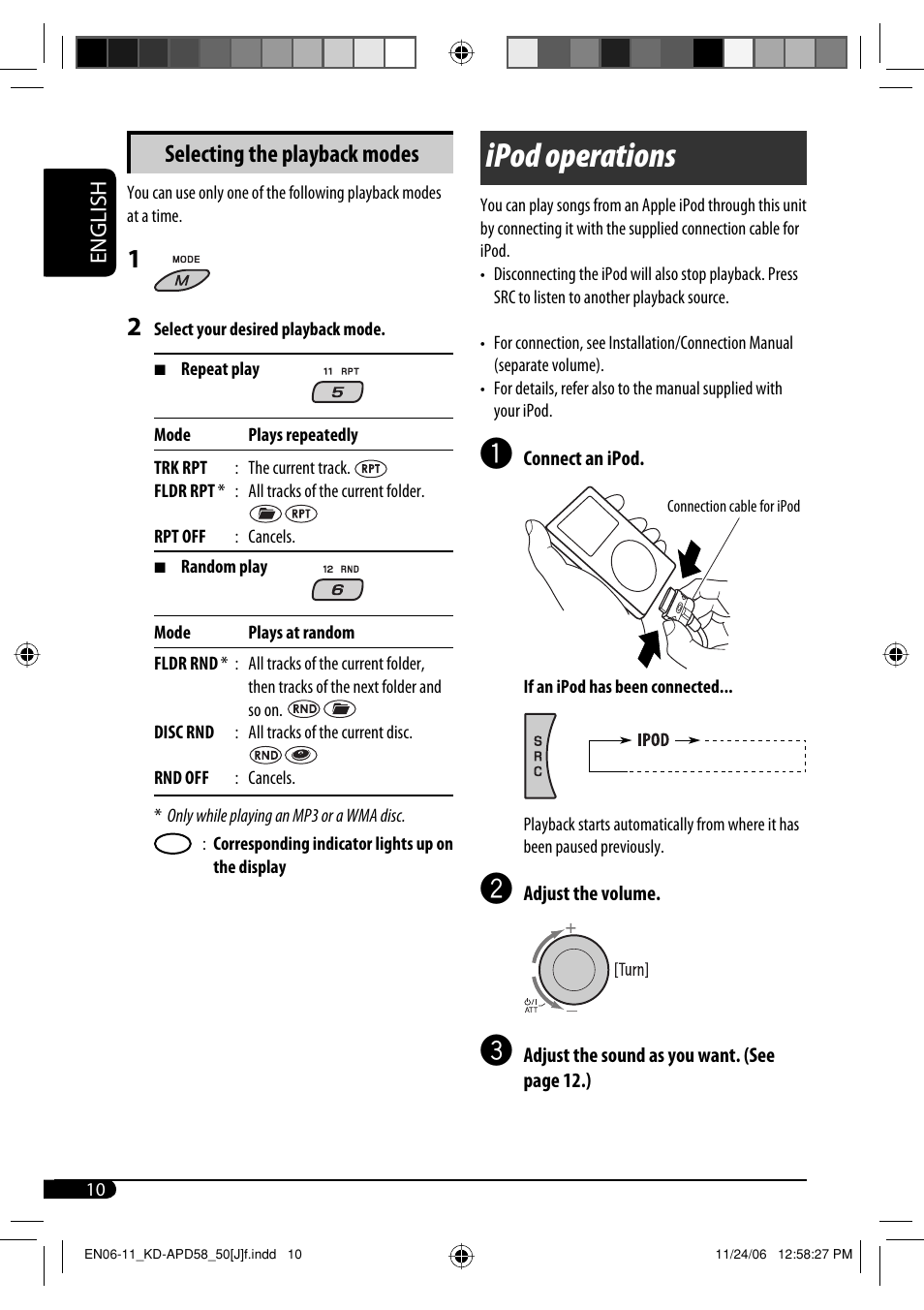 Ipod operations, Selecting the playback modes | JVC KD-PDR50 User Manual | Page 10 / 198