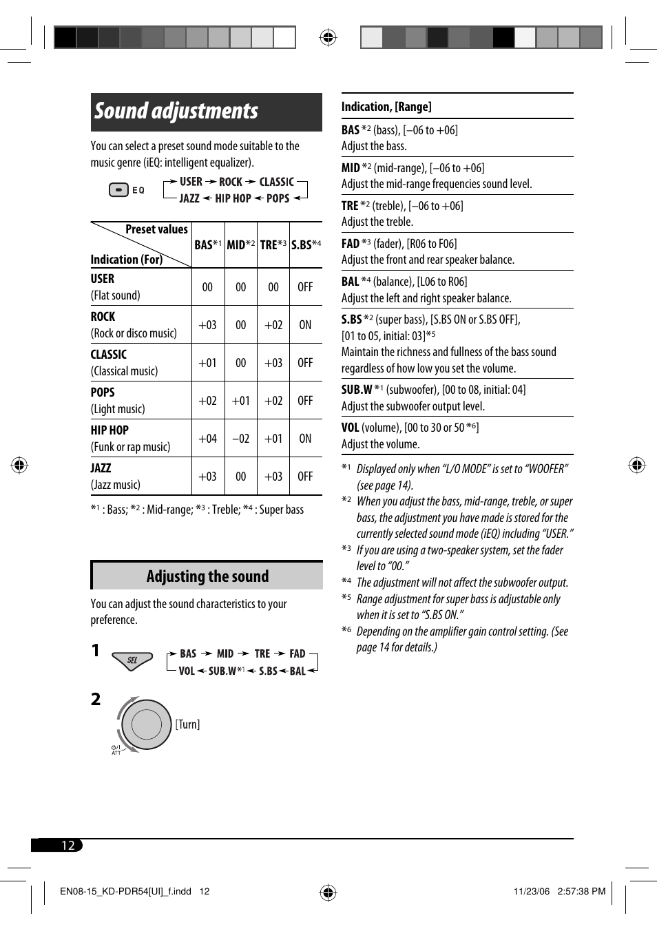 Sound adjustments, Adjusting the sound | JVC KD-PDR50 User Manual | Page 100 / 198