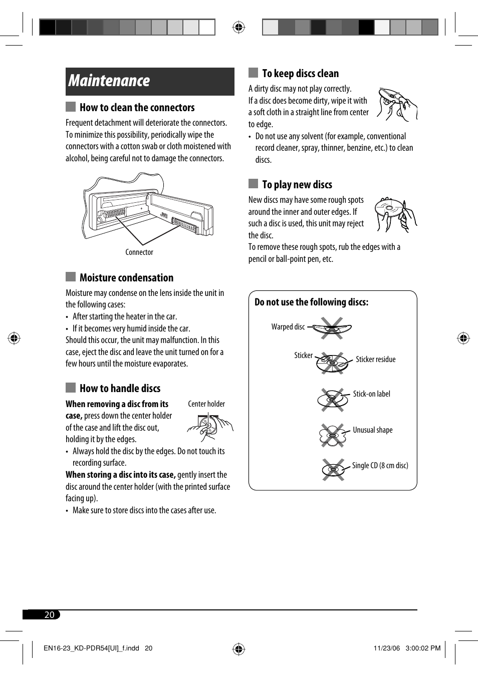 Maintenance, How to clean the connectors, Moisture condensation | How to handle discs | JVC KD-PDR50 User Manual | Page 108 / 198