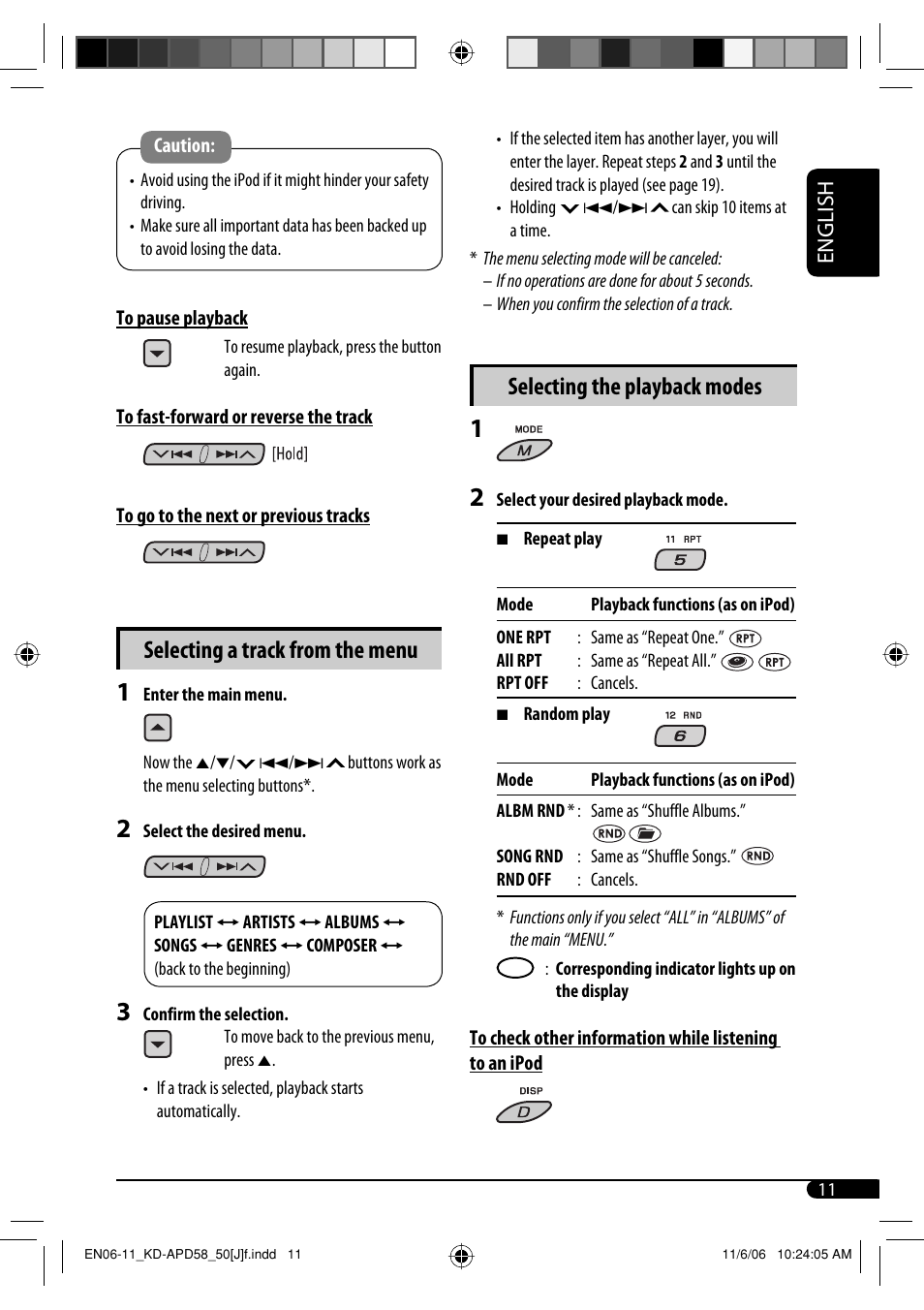 Selecting a track from the menu, Selecting the playback modes, English | JVC KD-PDR50 User Manual | Page 11 / 198