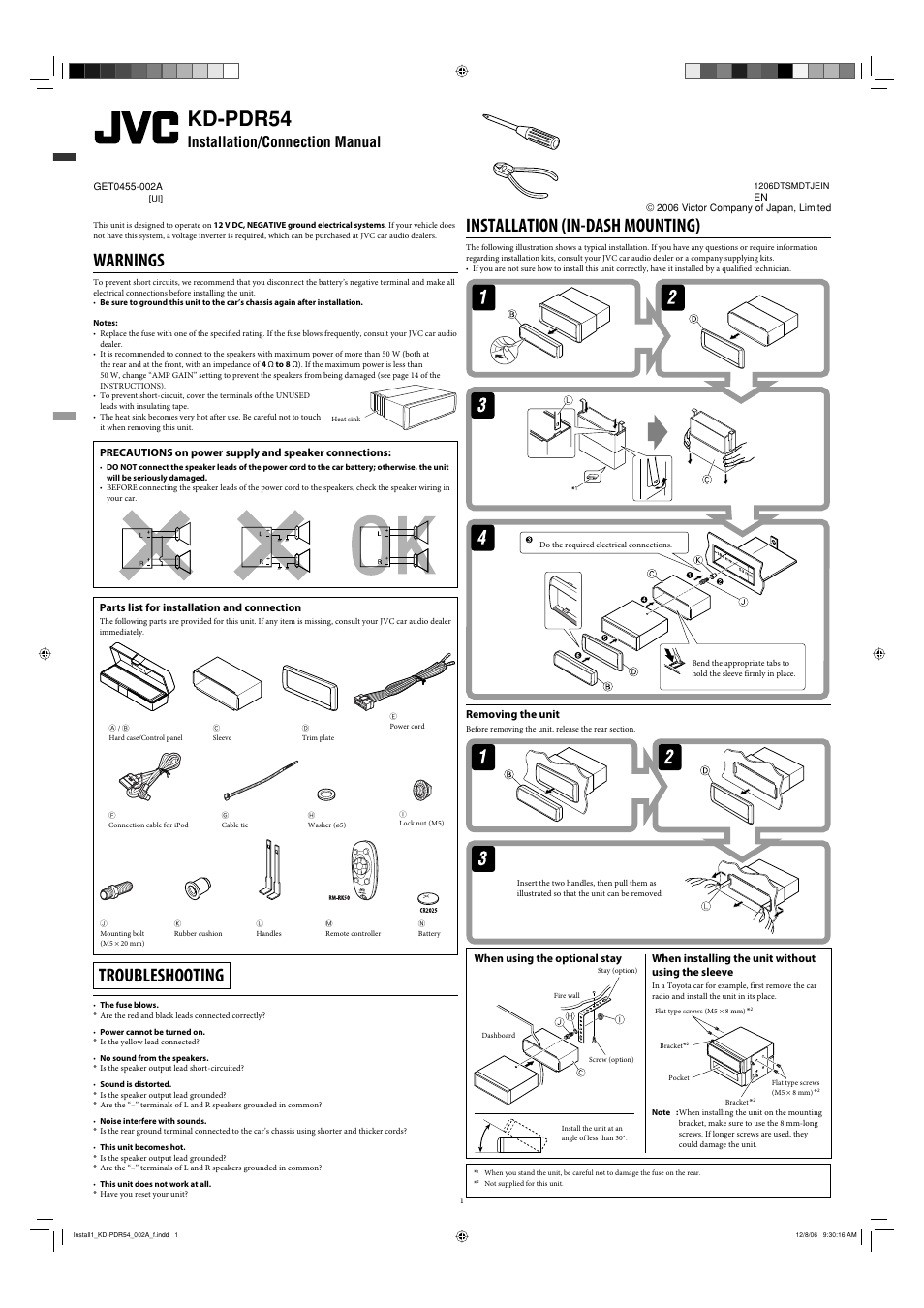 Installation/connection manual, Warnings, Parts list for installation and connection | Troubleshooting, Installation, Removing the unit, Kd-pdr54, Installation (in-dash mounting), When using the optional stay, When installing the unit without using the sleeve | JVC KD-PDR50 User Manual | Page 113 / 198