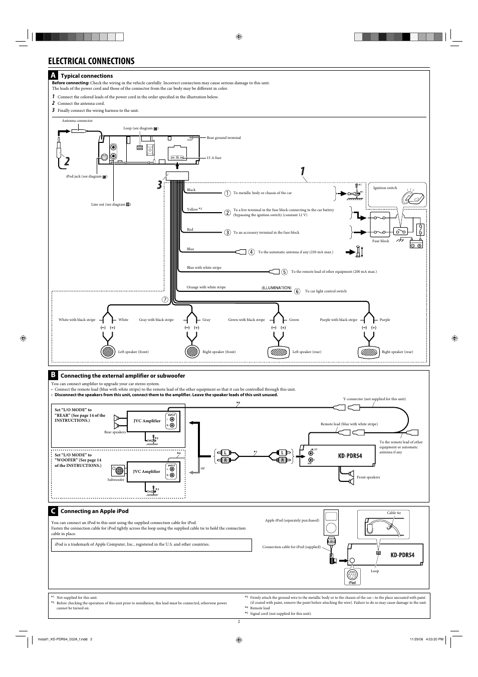 Electrical connections, Connecting the external amplifier or subwoofer, Typical connections | Connecting an apple ipod | JVC KD-PDR50 User Manual | Page 114 / 198