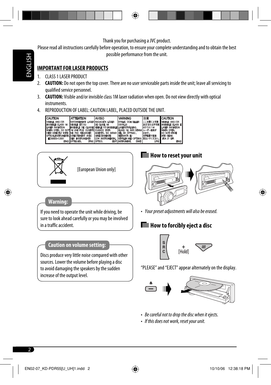 Important for laser products, English, How to reset your unit | How to forcibly eject a disc | JVC KD-PDR50 User Manual | Page 116 / 198