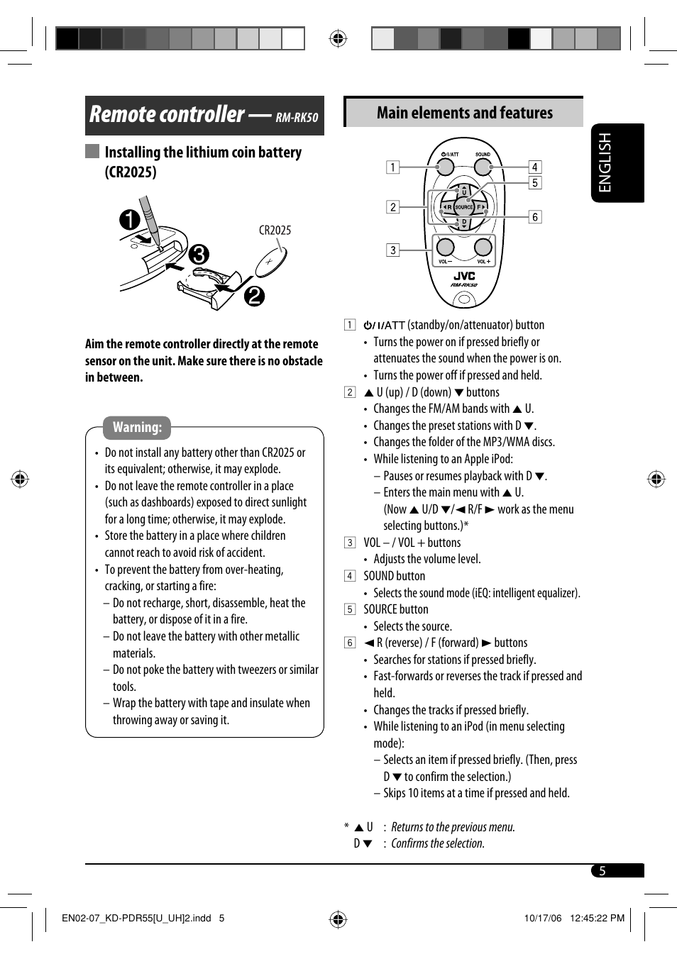 Remote controller, Main elements and features, English | Installing the lithium coin battery (cr2025) | JVC KD-PDR50 User Manual | Page 119 / 198