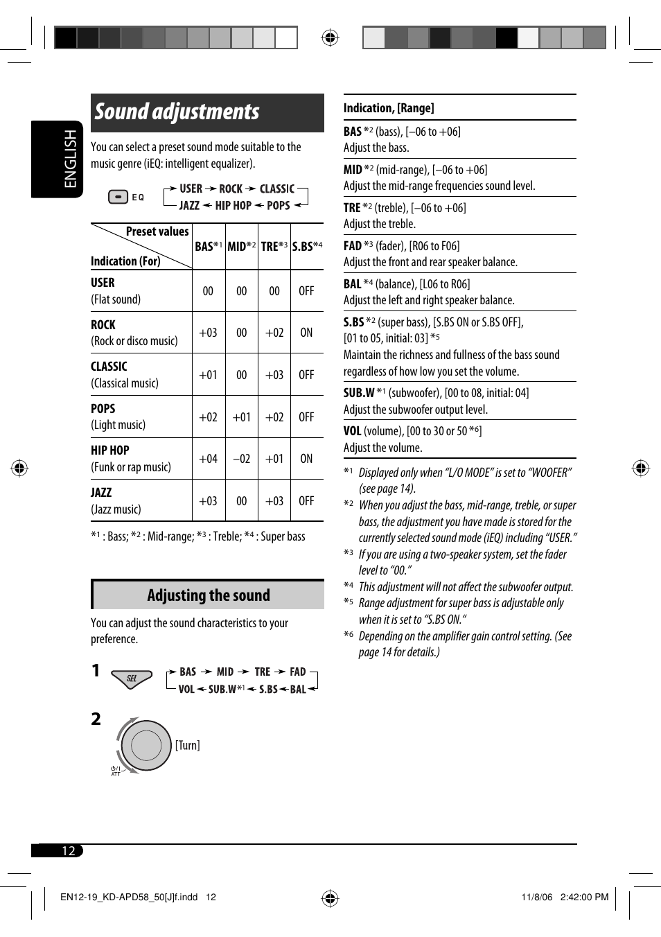 Sound adjustments, Adjusting the sound, English | JVC KD-PDR50 User Manual | Page 12 / 198