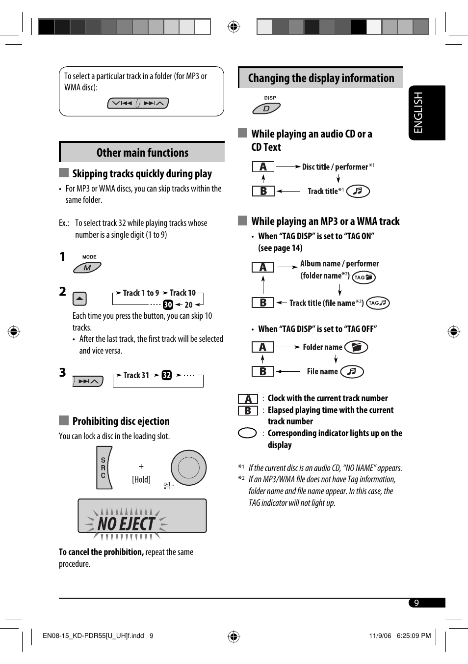 Other main functions, Changing the display information, English | Skipping tracks quickly during play, Prohibiting disc ejection | JVC KD-PDR50 User Manual | Page 123 / 198