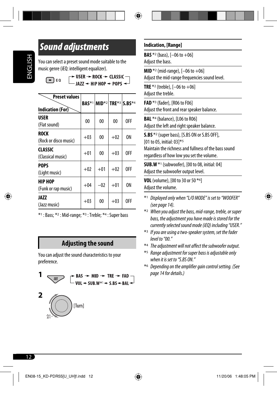 Sound adjustments, Adjusting the sound, English | JVC KD-PDR50 User Manual | Page 126 / 198