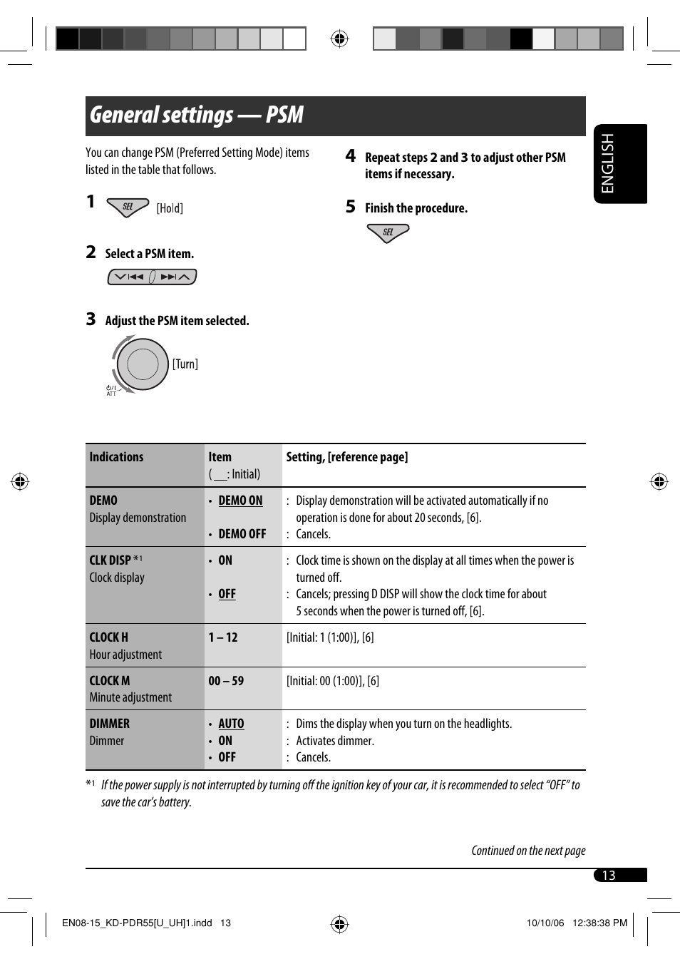 General settings — psm, English | JVC KD-PDR50 User Manual | Page 127 / 198