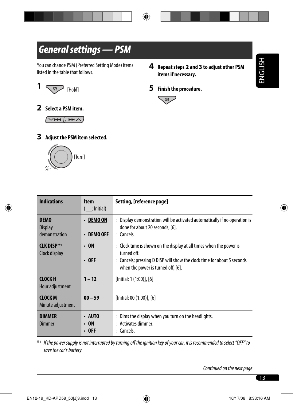 General settings — psm, English | JVC KD-PDR50 User Manual | Page 13 / 198