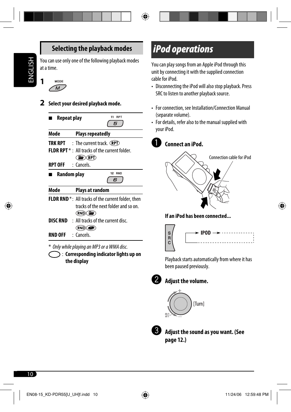 Ipod operations, Selecting the playback modes | JVC KD-PDR50 User Manual | Page 152 / 198