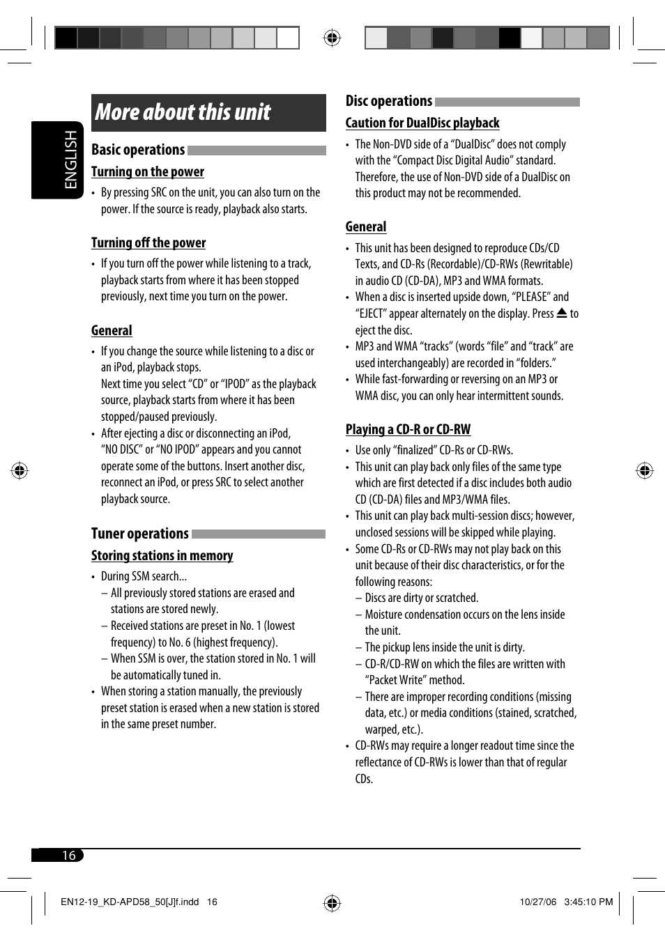 More about this unit, English, Basic operations | Tuner operations, Disc operations | JVC KD-PDR50 User Manual | Page 16 / 198