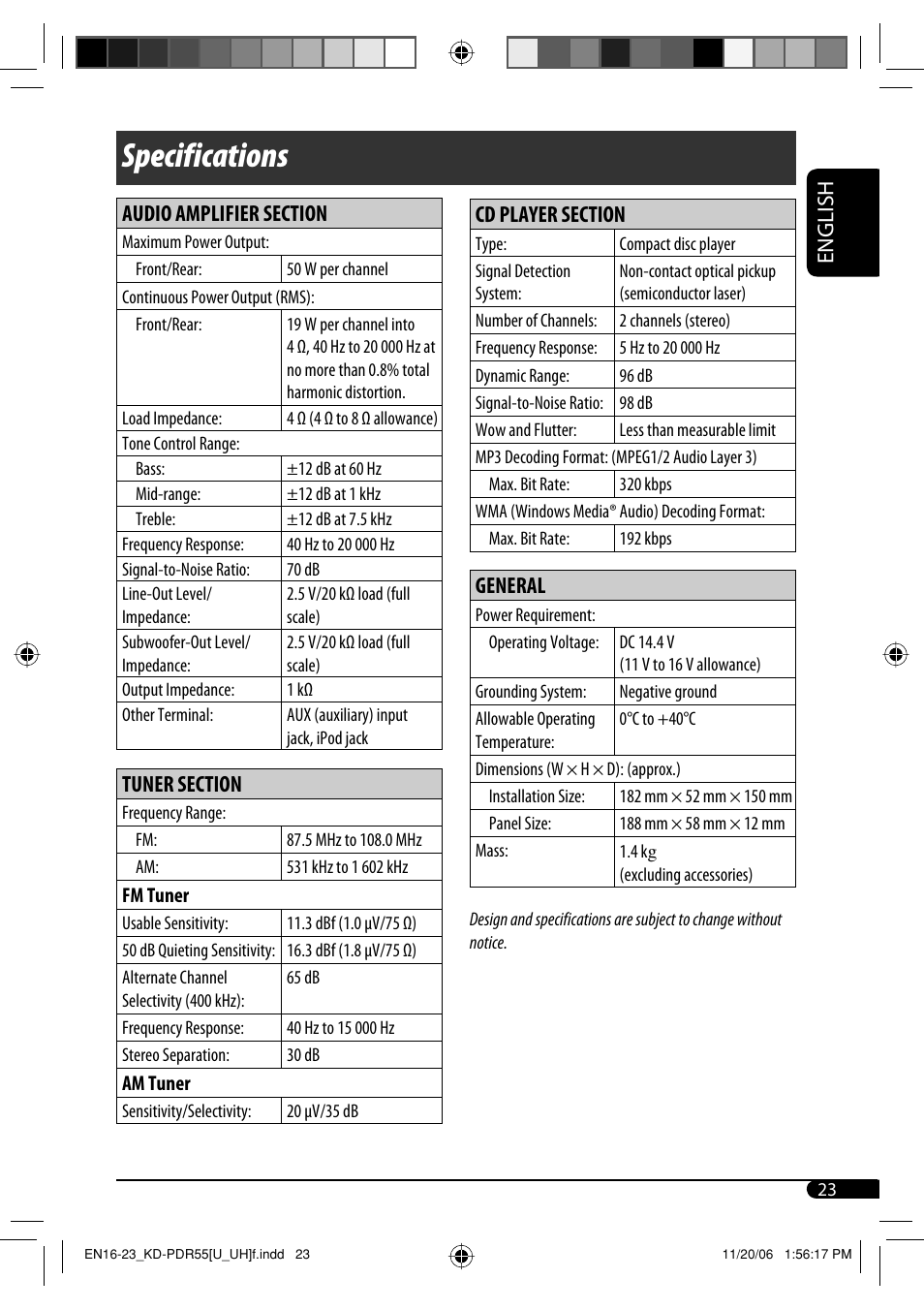 Specifications, English, General | JVC KD-PDR50 User Manual | Page 165 / 198