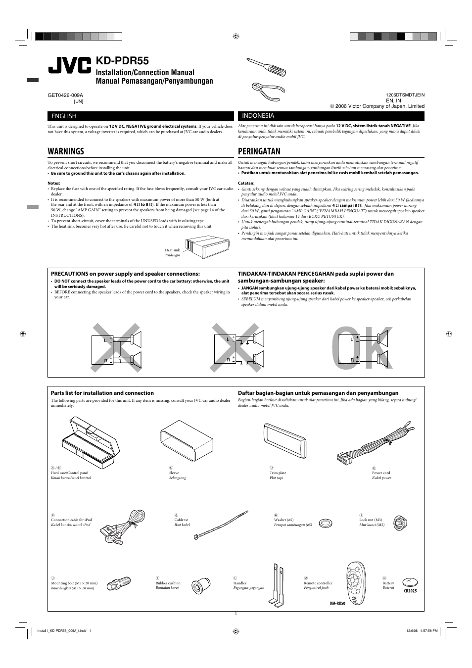 Installation/connection manual, Warnings, Parts list for installation and connection | Kd-pdr55, Peringatan, English, Indonesia | JVC KD-PDR50 User Manual | Page 167 / 198