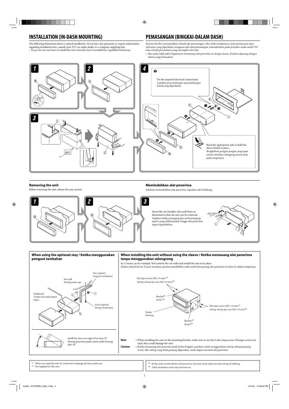 Installation, Removing the unit, Installation (in-dash mounting) | Pemasangan (bingkai-dalam dash), Memindahkan alat penerima | JVC KD-PDR50 User Manual | Page 168 / 198