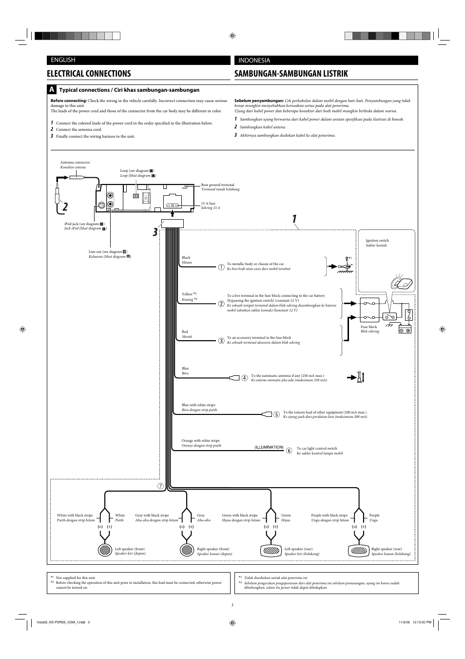 Electrical connections, Sambungan-sambungan listrik, English | Indonesia | JVC KD-PDR50 User Manual | Page 169 / 198