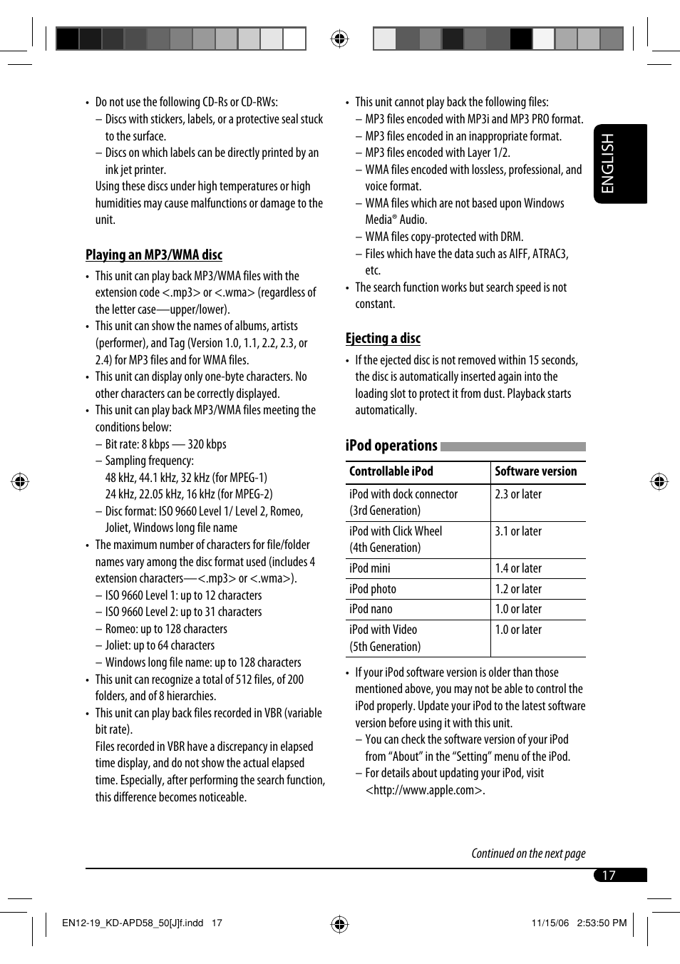 English, Ipod operations | JVC KD-PDR50 User Manual | Page 17 / 198