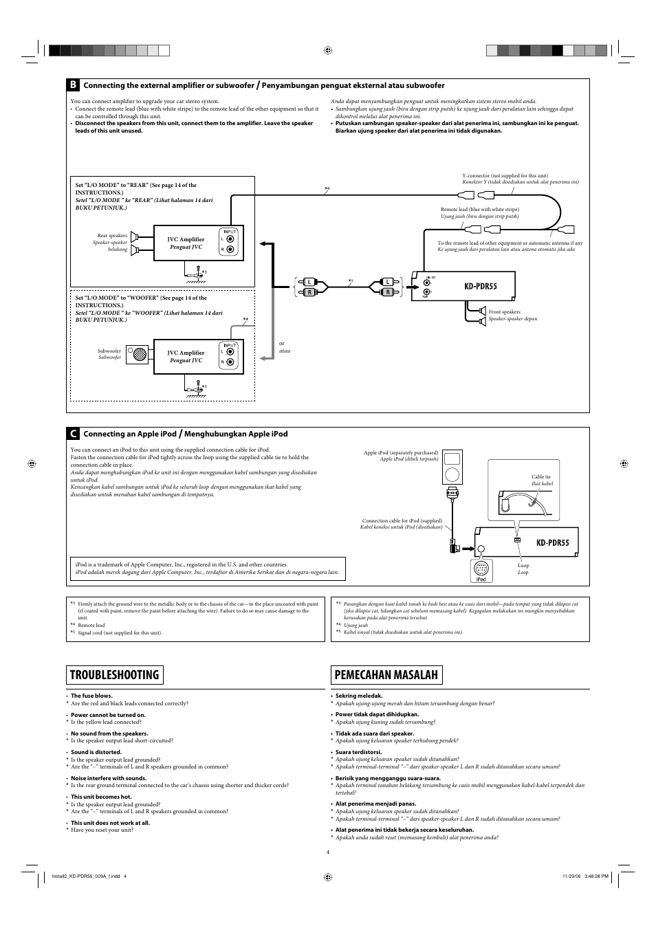 Troubleshooting, Pemecahan masalah, Connecting the external amplifier or subwoofer | Penyambungan penguat eksternal atau subwoofer, Connecting an apple ipod, Menghubungkan apple ipod | JVC KD-PDR50 User Manual | Page 170 / 198