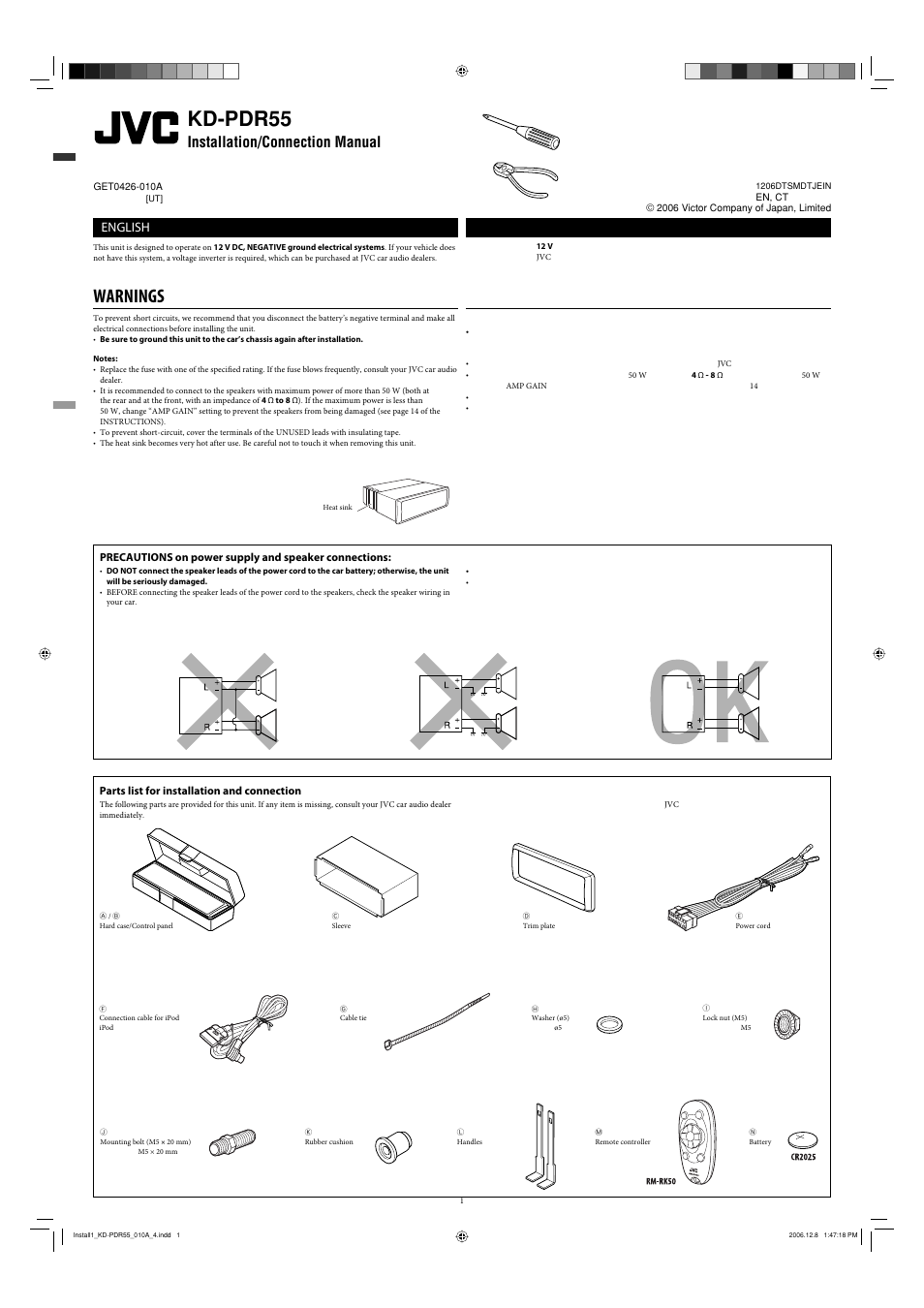 Installation/connection manual, Warnings, Parts list for installation and connection | Kd-pdr55, English | JVC KD-PDR50 User Manual | Page 195 / 198