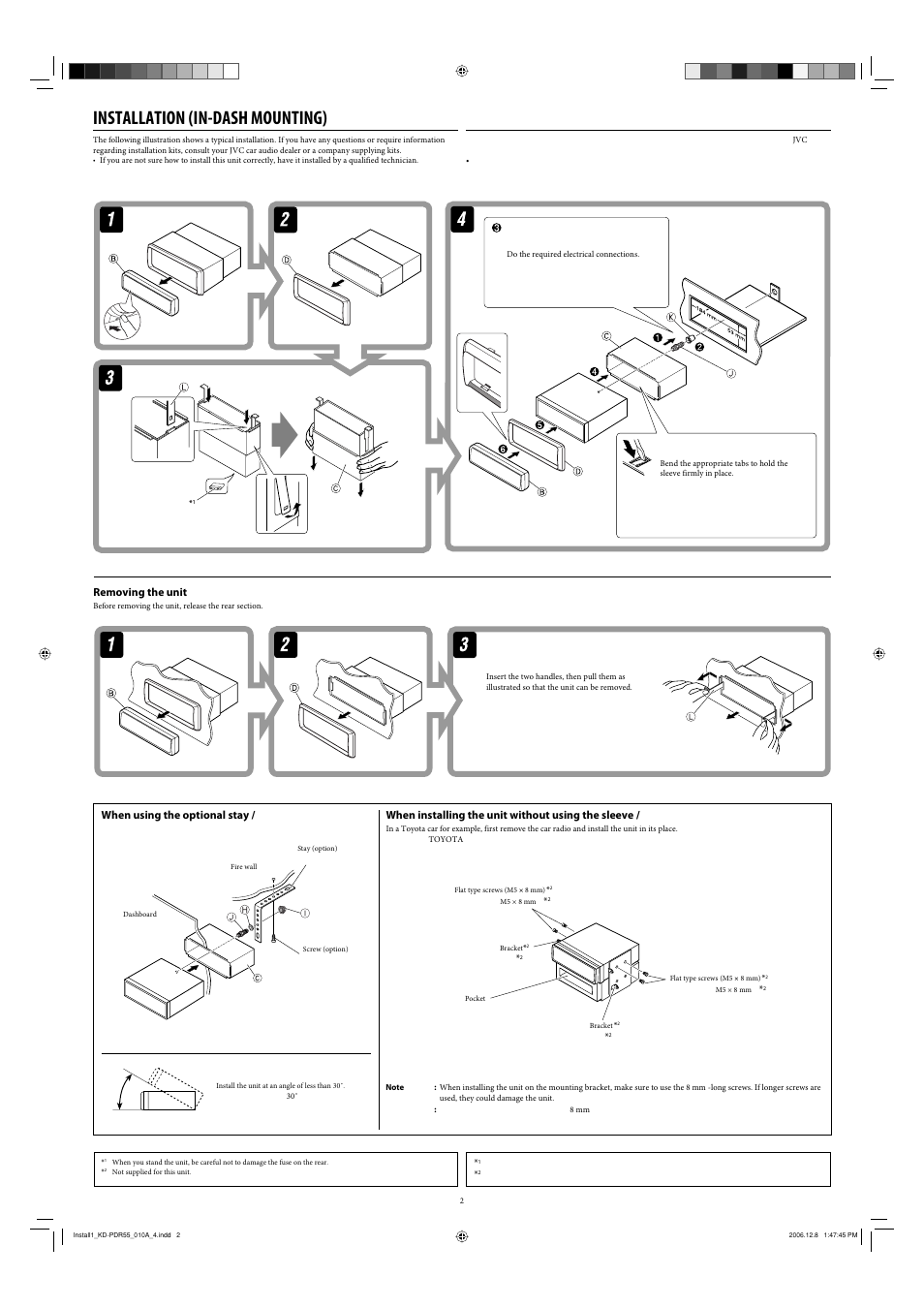 Installation, Removing the unit, Installation (in-dash mounting) | When using the optional stay, When installing the unit without using the sleeve | JVC KD-PDR50 User Manual | Page 196 / 198